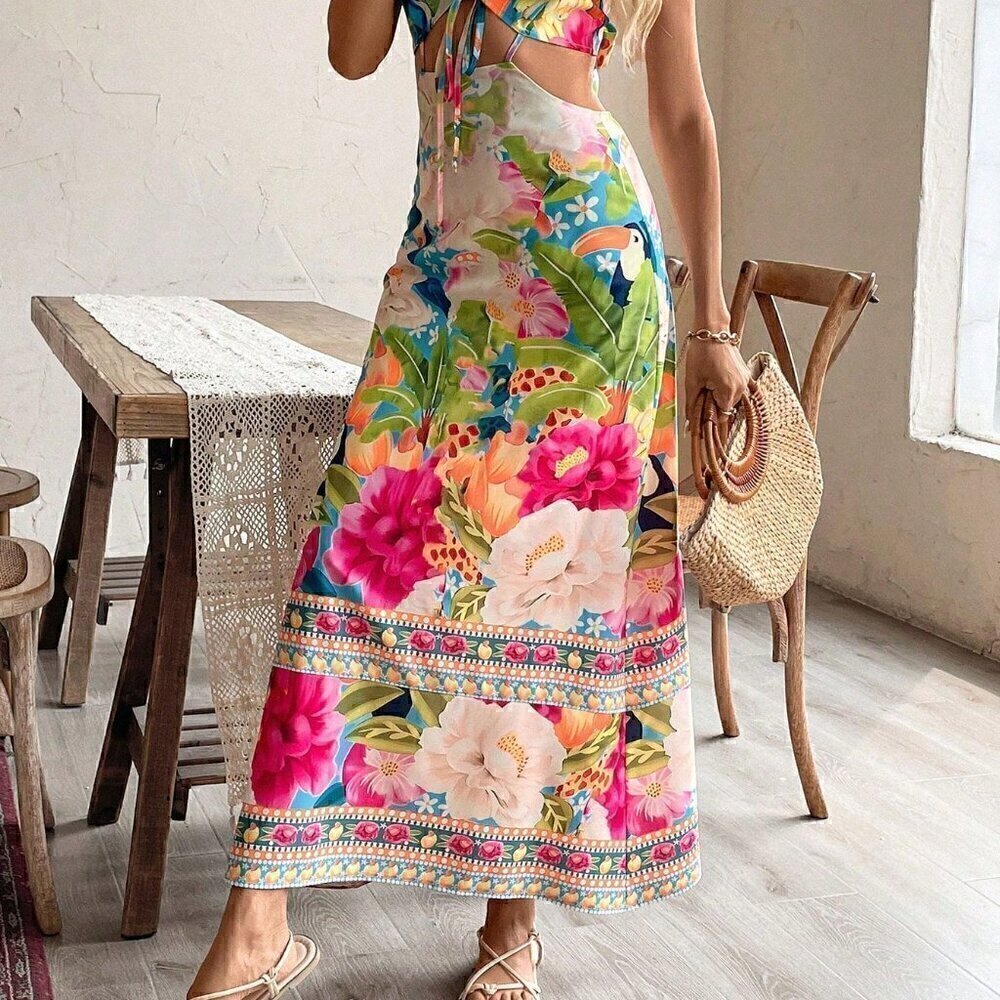 Multicolor Boho Women's Floral Print Hollow Out Backless Tie Strap Sundress - Picture 5 of 7